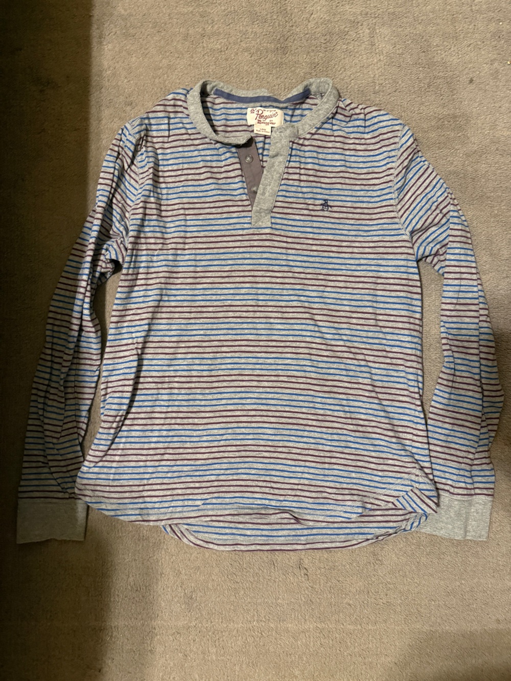Original Penguin Striped Long Sleeve Henley Shirt Men’s Size Large Gray Blue
